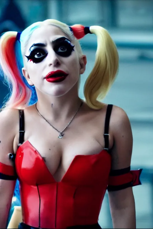 Image similar to film still of Lady Gaga as Harley Quinn in Joker 2, 4k