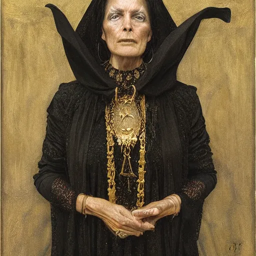Image similar to portrait of a witch, dressed in black clothes embroidered with gold, by donato giancola and berthold woltze.
