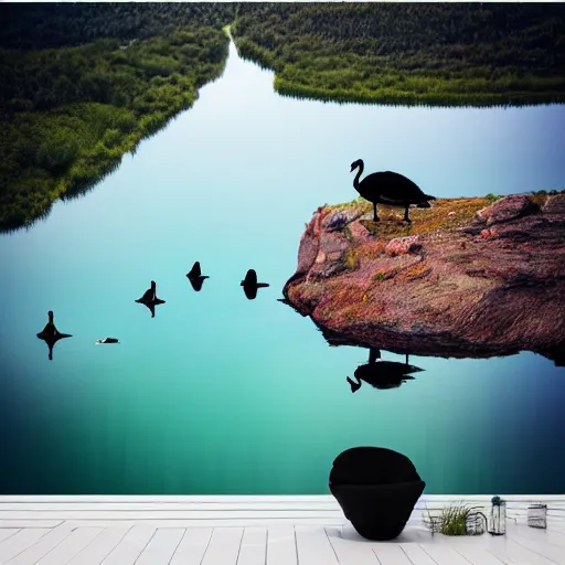 Image similar to photo of two black swans touching heads in a beautiful reflective mountain lake, a colorful hot air balloon is flying above reflecting off water, hot air balloon, intricate, 8k highly professionally detailed, centered, HDR, CGsociety