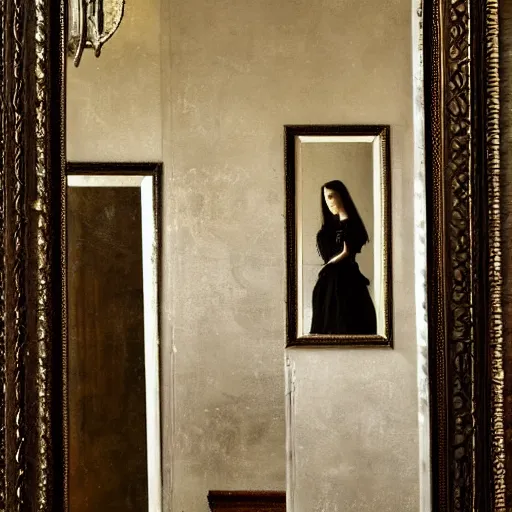 Image similar to a masterpiece painting of a beautiful victorian woman is frightened by her doppleganger in a mirror. she is in a long hallway of mirrors. elegant design, haunting atmosphere, dimly lit, gothic, horror style, realistic, low angle, 3 / 4 view.