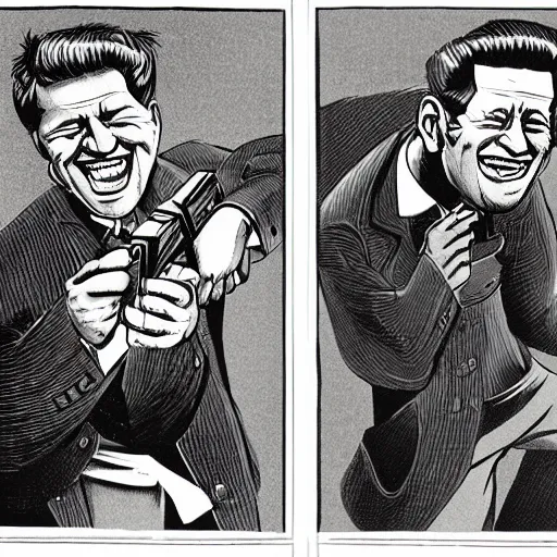 Prompt: abe and jfk laughing and shooting at each other with guns