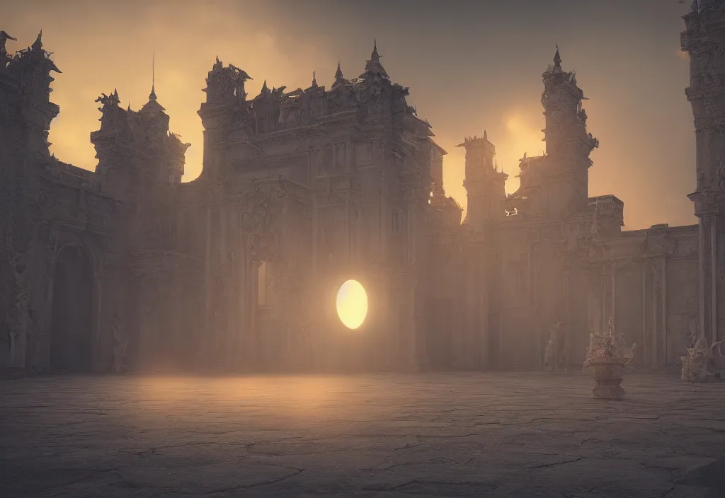 Image similar to a sfx demon inside a pristine palace, sunset, rendered in octane, mood fog