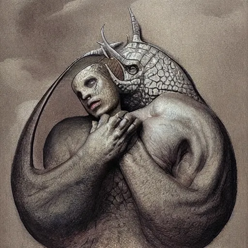 Image similar to the beast and dragon adored, ,colorful, by Odd Nerdrum, by M.C. Escher, beautiful, eerie, surreal