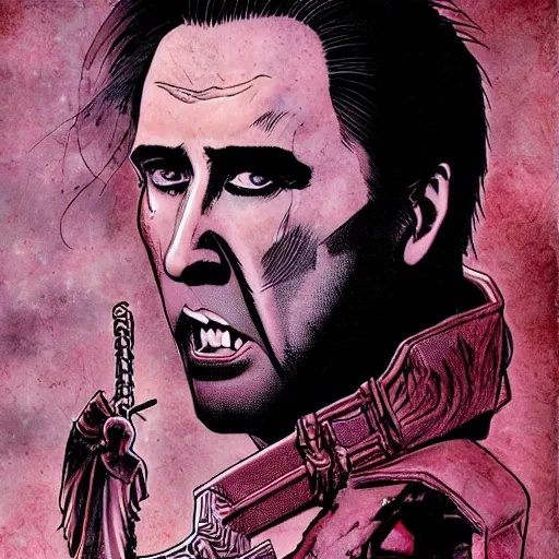 Image similar to Vampire Hunter Nicolas Cage esoteric graphic novel illustrated by Yoshitaka Amano written by Fred Durst