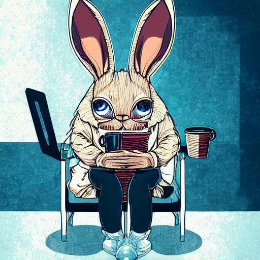 Prompt: rabbit with augmented cyberpunk ears cozy sitting in a chair drinking coffee and smoking cigar. digital art