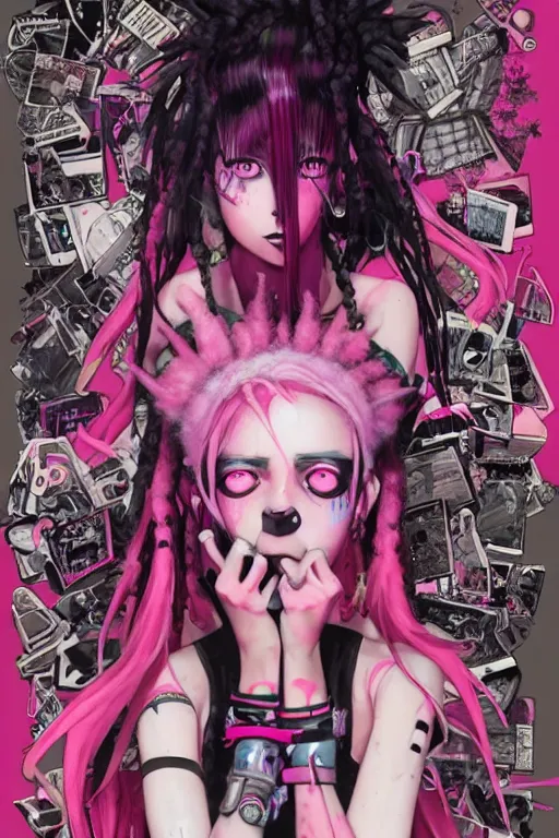 Image similar to portrait of an cybergoth girl with pink and black dreads laying on the floor of her room on ipad, manga, manga art, manga character concept art, artgerm, tom bagshaw, gerald brom, vaporwave colors, lo fi colors, vaporwave, lo fi, 4 k, hd, smooth,