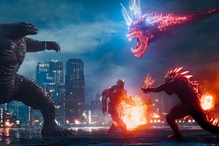Image similar to film still of kirby fighting in new york city in the new godzilla pacific rim crossover movie