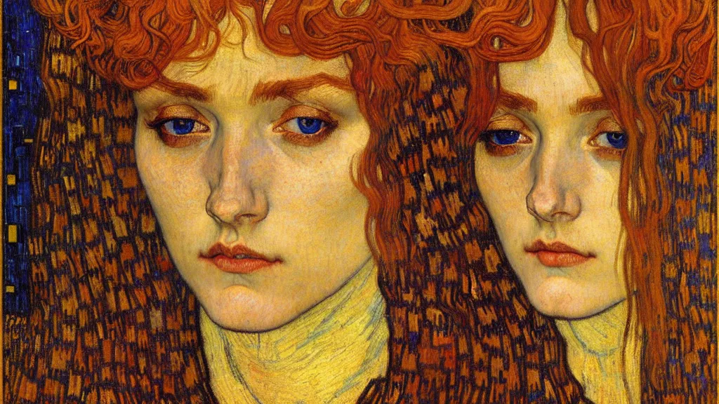 Image similar to detailed realistic beautiful young medieval queen face portrait by jean delville, gustav klimt and vincent van gogh, art nouveau, symbolist, visionary, gothic, pre - raphaelite, muted earthy colors, desaturated