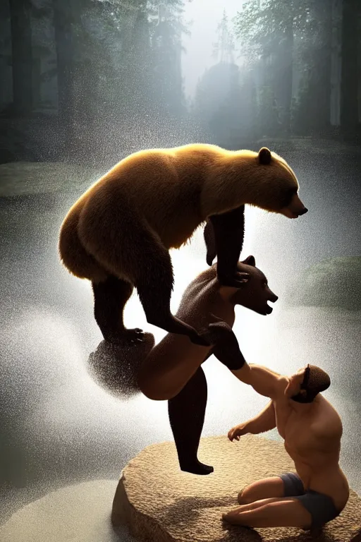 Image similar to fullbody portrait of a bear and a wolf playing capoeira in a hot spring. volumetric light, detailed, photorealistic, fantasy, rendered in octane