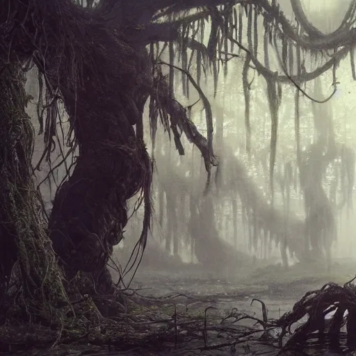 Image similar to swamp with a rotten stem formed like the face of nick nolte, at dusk, misty athmosphere, ultra realistic, concept art, intricate details, eerie, highly detailed, photorealistic, octane render, 8 k, unreal engine. art by ed binkley and ellen jewett and artgerm and greg rutkowski and alphonse mucha