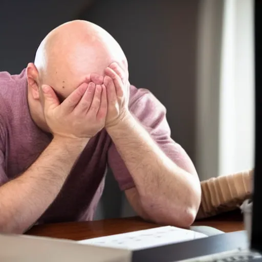 Image similar to crying sad hairless bald man crying at his computer with twitter open in the background, professional photo