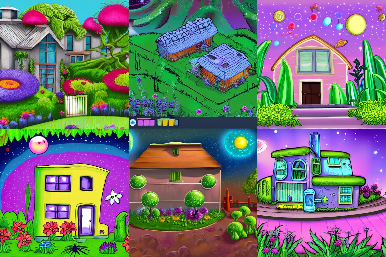 Prompt: a house with alien flowers and plants in the garden in front of it, from a space themed Serria point and click 2D graphic adventure game, high quality cartoon style graphics