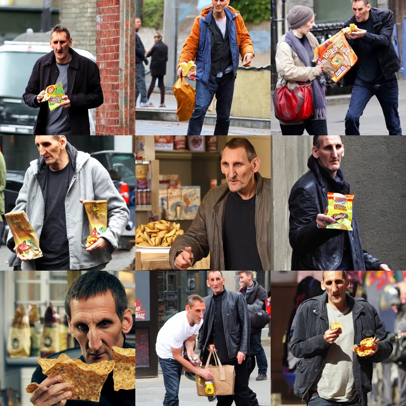 Prompt: christopher eccleston stealing a bag of crisps