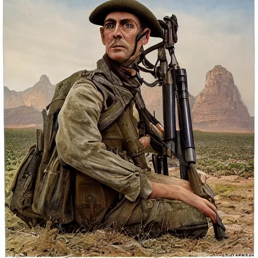 Image similar to a detailed photorealistic muted - color portrait painting of a 1 9 1 7 worried - looking british officer in field gear from the arab bureau in wadi rum, ultra realistic, intricate details, atmospheric, dark, brooding, highly detailed, by clyde caldwell