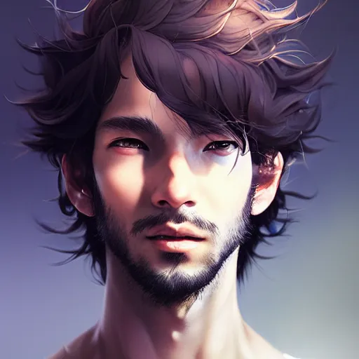 Prompt: Portrait of man with Tousled Curls type hair and Indonesian-type skin, atmospheric lighting, intricate detail, cgsociety, ambient light, dynamic lighting, anime style by Yusuke Kozaki