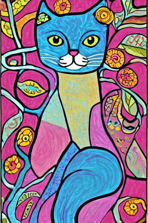 Prompt: beautiful art illustration of cat by laurel burch