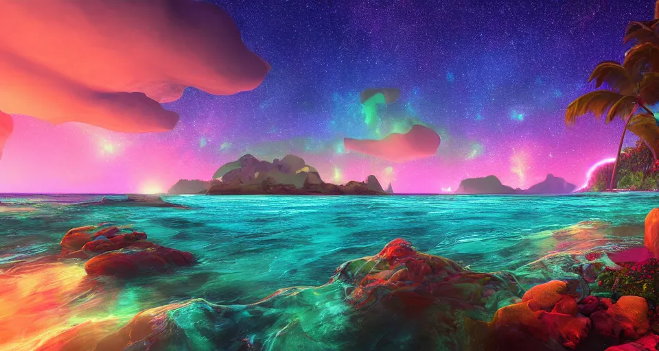 Prompt: landscape photo on lush warm alien beach, night, arching milkyway, sea lit by neon electric psychadelic coral, imposing wave face near shore unbroken ,Jungle, Mountains, lush, cinematic, Lumion rendering, photo realistic, 8k octane render UHD, bright volumetric dynamic lighting, milkyway light, detailed renderings, moonlight