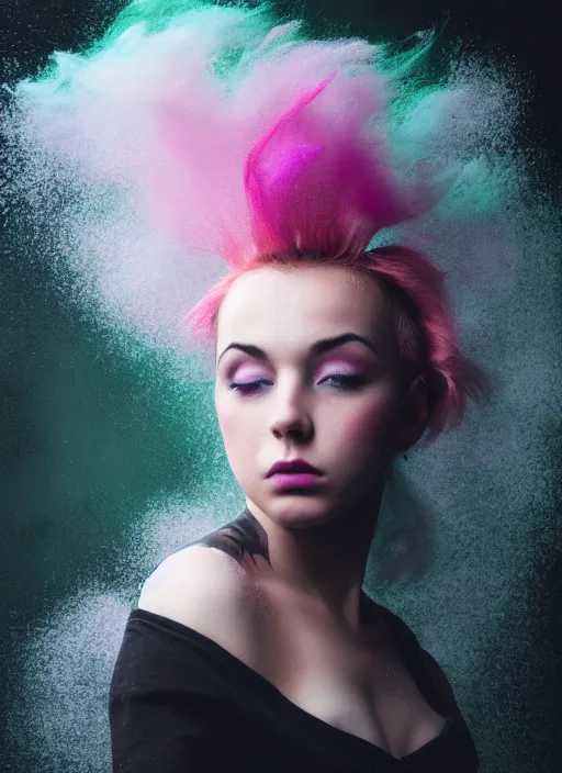 Image similar to a dramatic lighting photo of a beautiful young woman with cotton candy hair. paint splashes. moody, melanchonic. with a little bit of green and black