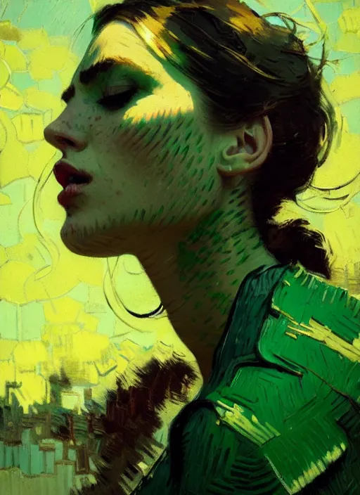 Image similar to portrait of a beautiful girl, eyes closed, open mouth, shades of green, beautiful face, rule of thirds, intricate outfit, spotlight, by greg rutkowski, by jeremy mann, by francoise nielly, by van gogh, digital painting