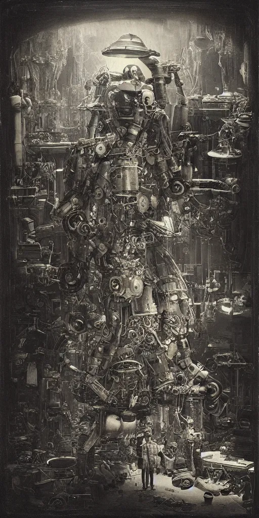 Image similar to old wetplate daguerreotype birth of artificial futuristic robots life, in metropolis, fractal, intricate, elegant, highly detailed, parallax, leica, medium format, subsurface scattering, by jheronimus bosch and greg rutkowski and louis jacques mande daguerre