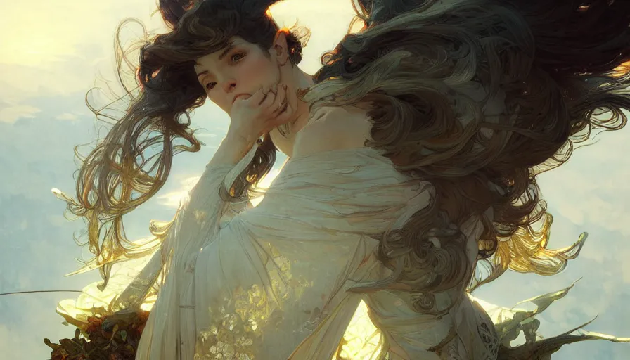 Prompt: standing on the edge of the world, intricate, elegant, highly detailed, digital painting, artstation, concept art, smooth, sharp focus, illustration, art by artgerm and greg rutkowski and alphonse mucha and francisco goya