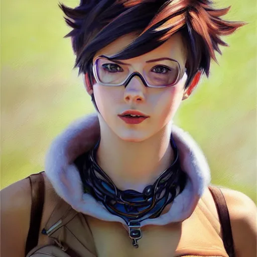 Prompt: oil painting of tracer overwatch in a field wearing steel choker around neck, in style of mark arian, expressive face, detailed face, detailed eyes, full body, feminine face, tracer overwatch,