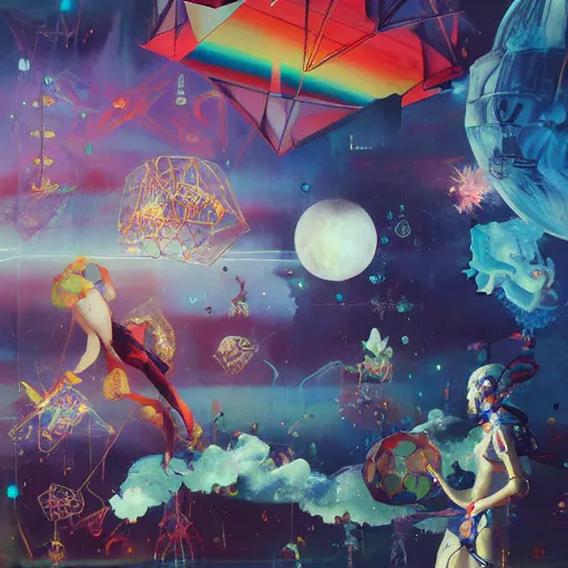 Image similar to surreal gouache painting, by yoshitaka amano, by ruan jia, by conrad roset, by kilian eng, by good smile company, incredibly detailed, of floating molecules and a mannequin artist holding an icosahedron with stars, clouds, and rainbows in the background, cgsociety, retrowave, modular patterned mechanical costume headpiece