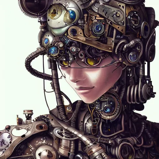 Image similar to portrait painting of a steampunk cyborg magican, transhumanism, ultra realistic, concept art, studio ghibli, intricate details, eerie highly detailed