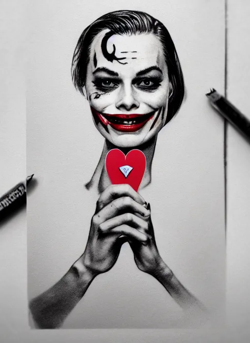 Image similar to tattoo design of beautiful margot robbie slightly smiling with joker makeup on the mouth and holding ace card, in the style of den yakovlev, realistic face, black and white, realism tattoo, hyper realistic, highly detailed