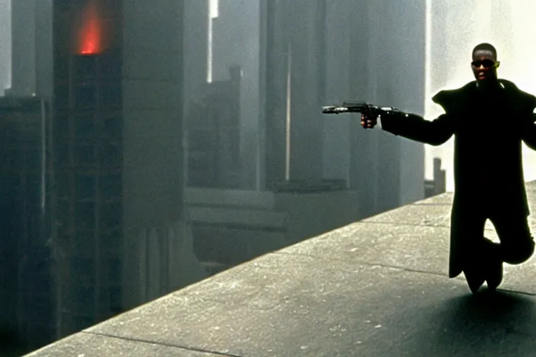 Image similar to film still of dwyane johnson as neo from the matrix standing on a roof top