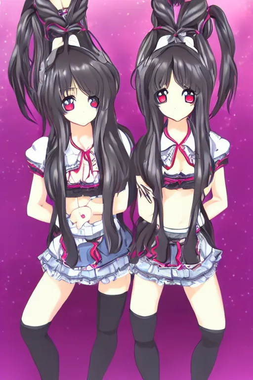 Image similar to two beautiful female idols with twin tails standing chest to chest, detailed anime art