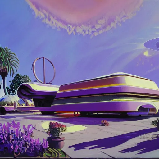 Image similar to painting of syd mead artlilery scifi organic shaped motel with ornate metal work lands on a sidewalk, fossil ornaments, volumetric lights, purple sun