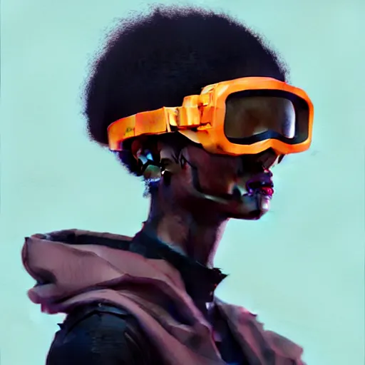 Prompt: beautiful woman wearing opaque reflective goggles profile picture by greg rutkowski, brown skin, long afro hair, asymmetrical, futuristic, cool colors, streetwear, studio ghibli, organic painting, matte painting, geometric shapes, hard edges, street art, trending on the artstation, fantasy lut, realistic by sachin teng,