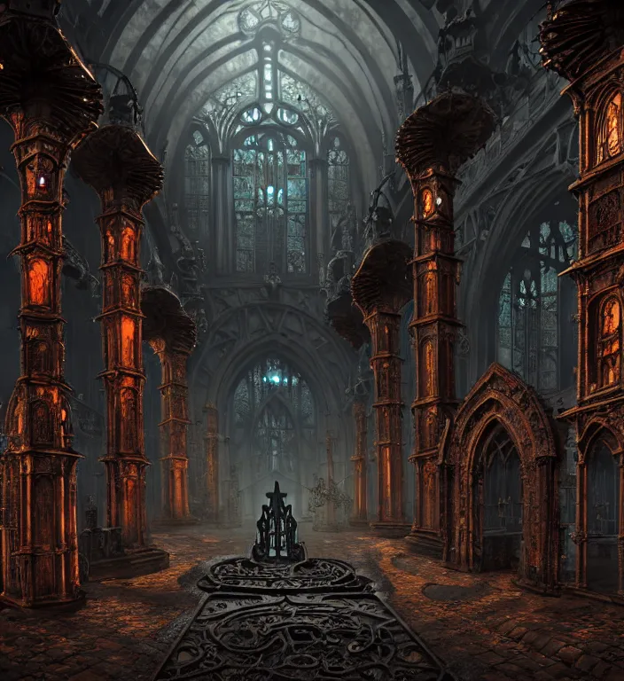 Image similar to steam necropolis, memento mori, gothic, neo - gothic, art nouveau, hyperdetailed copper patina medieval icon, stefan morrell, philippe druillet, ralph mcquarrie, concept art, steampunk, unreal engine, detailed intricate environment, octane render, moody atmospherics, volumetric lighting, ultrasharp, ominous, otherworldly