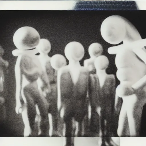 Image similar to polaroid photograph of horrorific alien beings visiting earth, 1 9 5 0