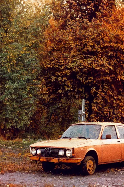 Image similar to a lomographic photo of old lada 2 1 0 7 standing in typical soviet yard in small town, autumn, cinestill, bokeh