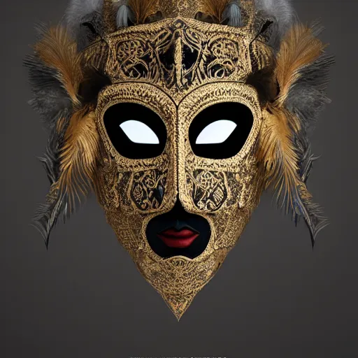 Prompt: an elaborate intricate mask made of feathers surrounded by storm clouds, rendered in octane, behance hd, bokeh backdrop