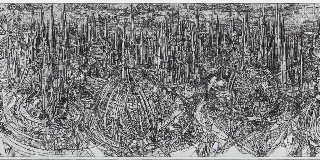 Prompt: architectural overview of a 1960 science fiction space port, drawn by Antoni Gaudí, in the style of Xilitla