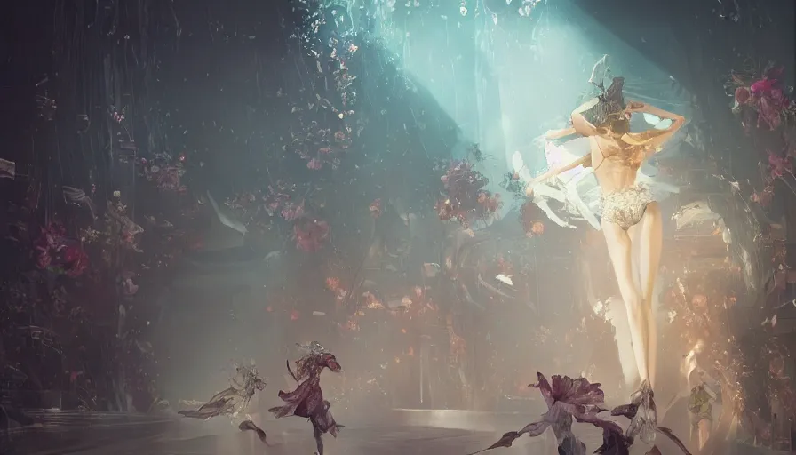 Image similar to victoria secret runway show, light, shadows, reflections, flowers, epic composition, intricate, elegant, volumetric lighting, digital painting, highly detailed, artstation, sharp focus, illustration, concept art, ruan jia, steve mccurry, james jean, peter andrew jones, greg rutkowski, raymond swanland, concept art, iconic