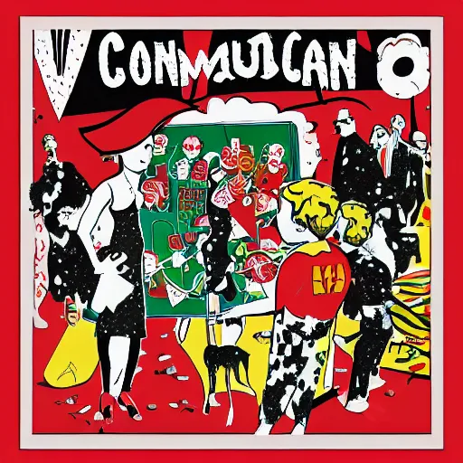 Prompt: a communist revolution in Candy Land, 1960s illustration, high quality, collage in the style of Klaus Voormann, album cover, white and red peppermint motif