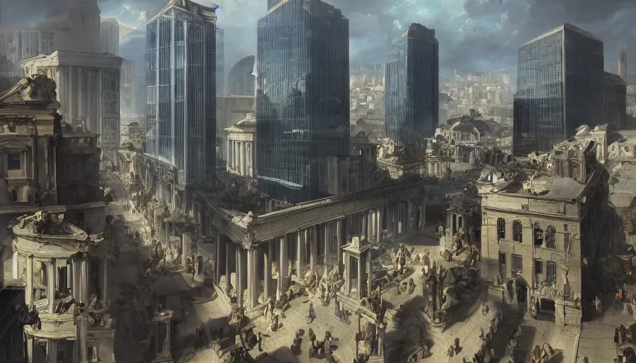 Prompt: 1 6 7 6's baroque painting of huge glass futuristic buildings built in athens, volumetric light, detailed, realistic, hyperdetailed, artstation, cgsociety, 8 k