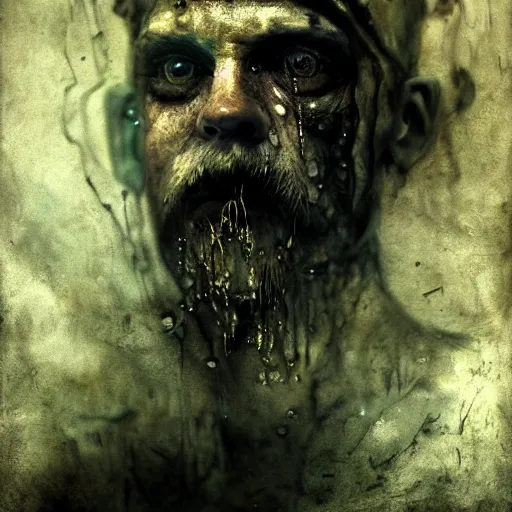 Image similar to wet collodion photography of mutant fishman sailor old man with gills and scales creatures from the deep ocean by emil melmoth zdzislaw beksinki craig mullins yoji shinkawa realistic render ominous detailed photo atmospheric by jeremy mann francis bacon and agnes cecile ink drips paint smears digital glitches glitchart