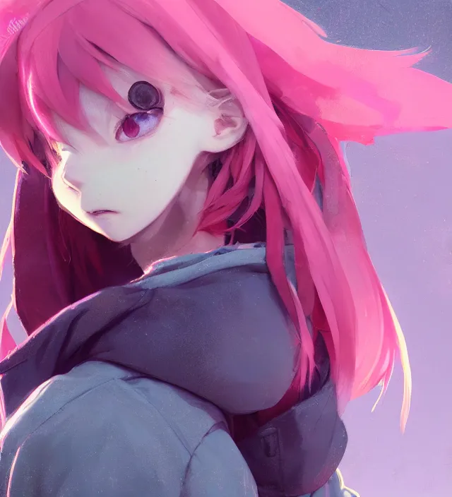 Image similar to a beautiful portrait of a cute anime boy with pink hair wearing a hoodie. character design by cory loftis, fenghua zhong, ryohei hase, ismail inceoglu and ruan jia. artstation, volumetric light, detailed, photorealistic, rendered in octane