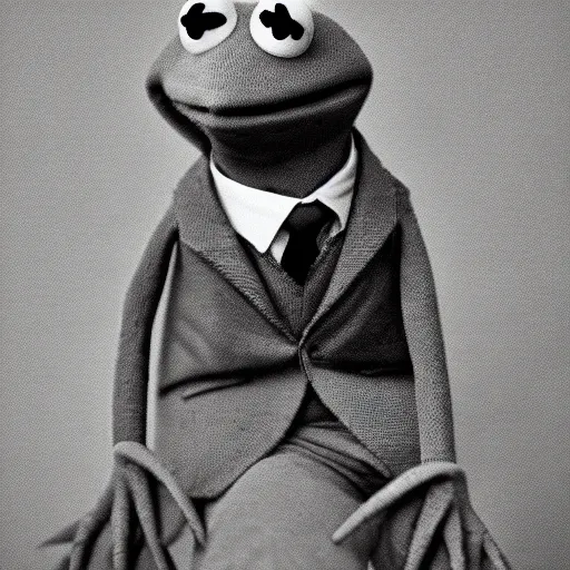 Prompt: a sepia photograph of kermit the frog in a suit