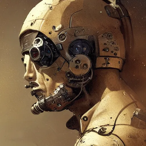 Image similar to a half - masked rugged engineer man with cybernetic enhancements lost in the desert, scifi character portrait by greg rutkowski, esuthio, craig mullins, 1 / 4 headshot, cinematic lighting, dystopian scifi gear, gloomy, profile picture, mechanical, half robot, implants, steampunk