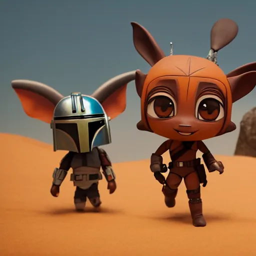 Prompt: mandalorian as nendoroid walking in a desert with two moons in the croods movie style, muted colours, anime, disney, pixar, 8 k, hd, dof, kodak film, volumetric lighting, subsurface scattering, photorealistic, octane render, details