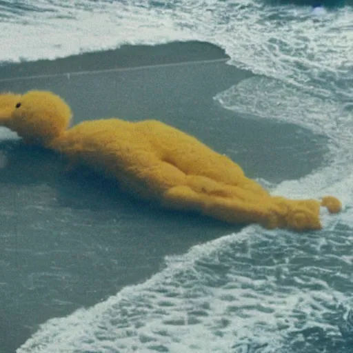 Image similar to cnn news footage of big bird being washed up on shore, view from above, tv