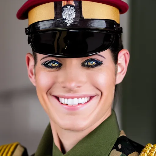 Image similar to brunette, short flip out hair, emerald eyes, evil smile, military uniform