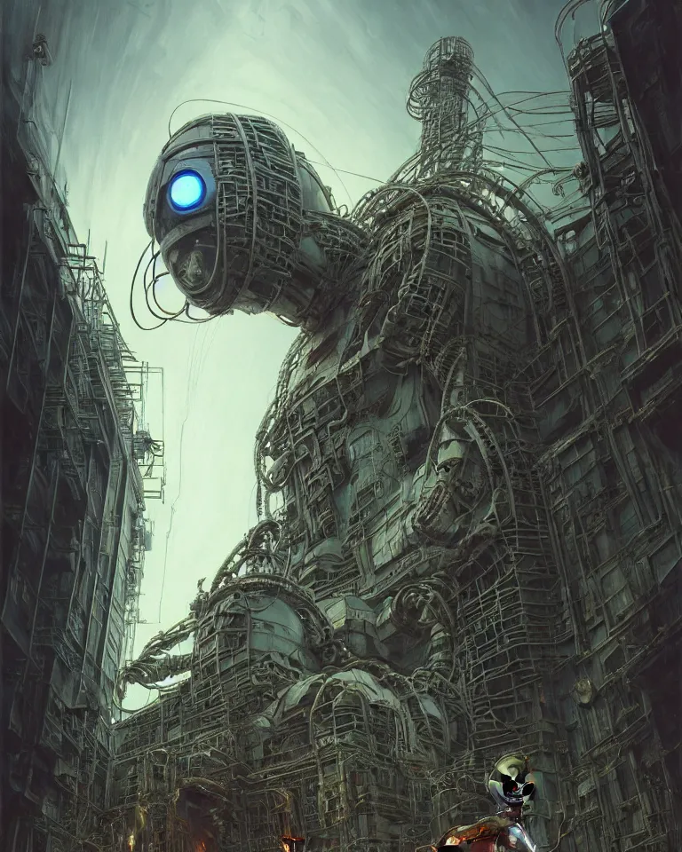 Prompt: low angle shot of a cyberpunk robot character, in chernobyl, intricate, elegant, highly detailed, centered, digital painting, artstation, concept art, smooth, sharp focus, illustration, artgerm, tomasz alen kopera, peter mohrbacher, donato giancola, joseph christian leyendecker, wlop, boris vallejo