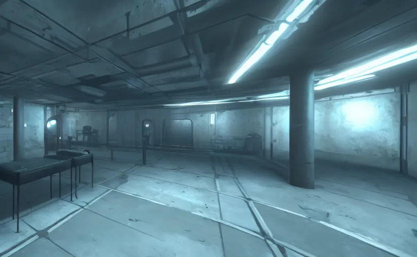 Prompt: screenshot of a game on unreal engine 5, narrow underground laboratory, photorealistic, liminal, retrofuturism, minimalist, soft vintage glow